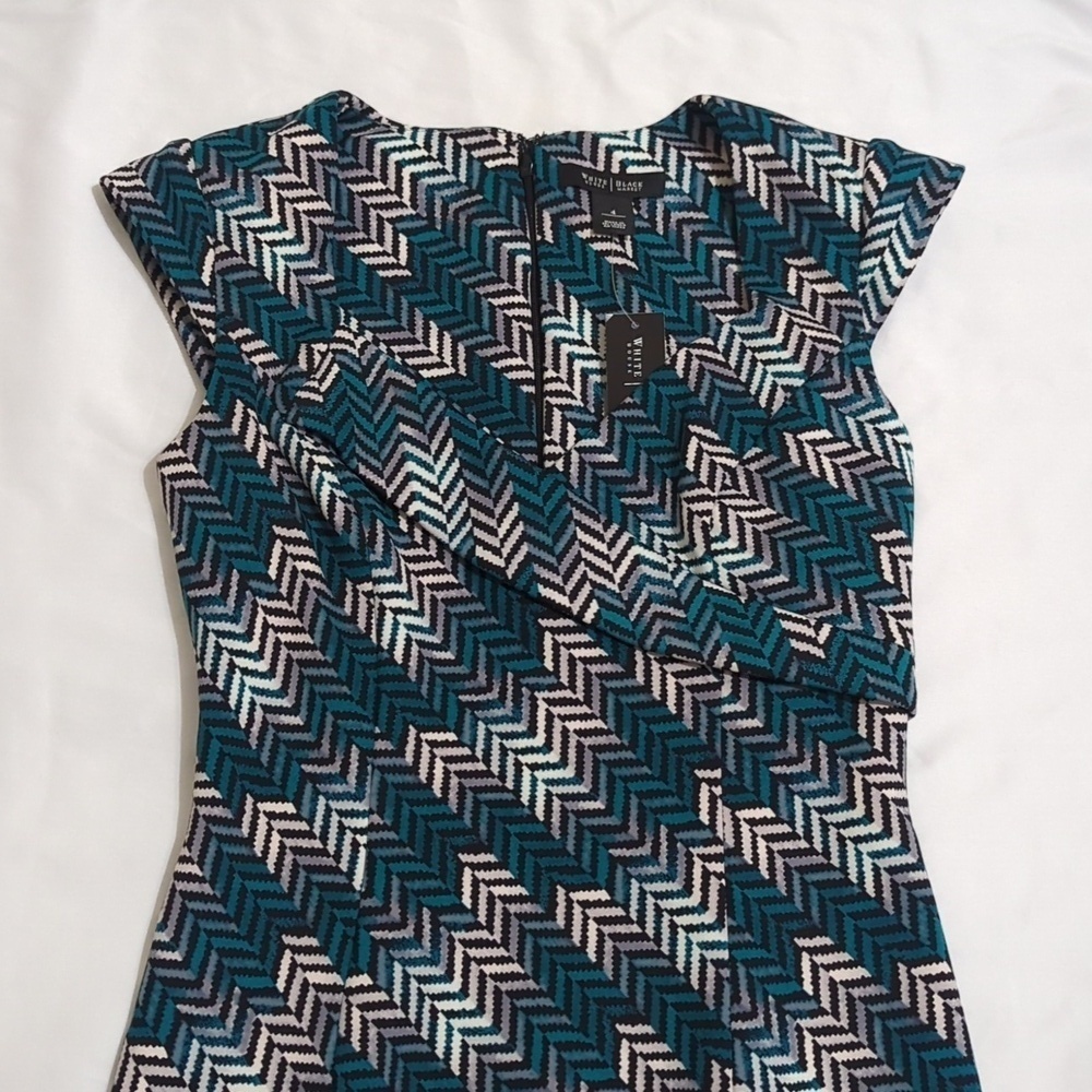 White House Black Market CS ZZ Print Sheath Dress, Black/White/Teal Size 4 - Picture 4 of 16
